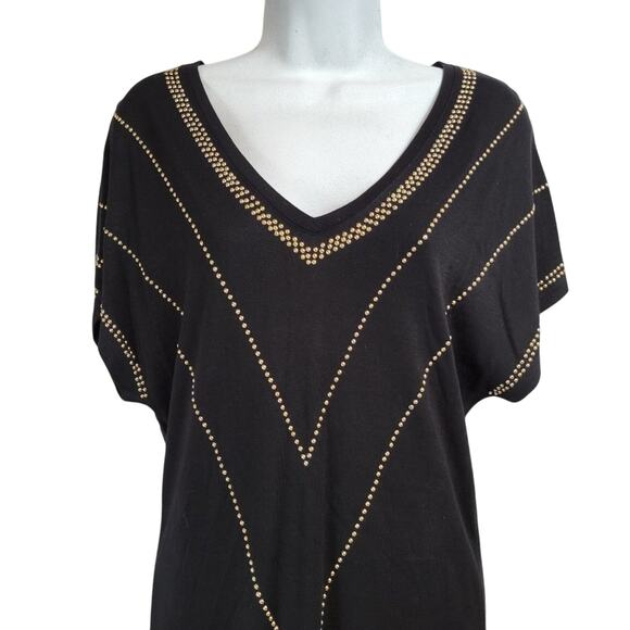 SPaNNER Black Gold Studded V Neck Short Sleeve Rayon Tunic Top M New With Tags - Picture 6 of 12